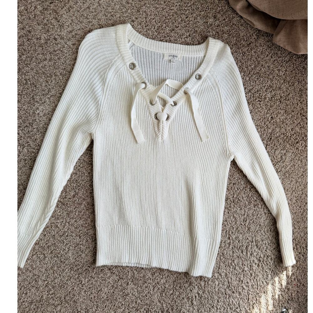 3 for $25 Umgee off white cotton blend ribbed sweater tie front euc L - Picture 1 of 5